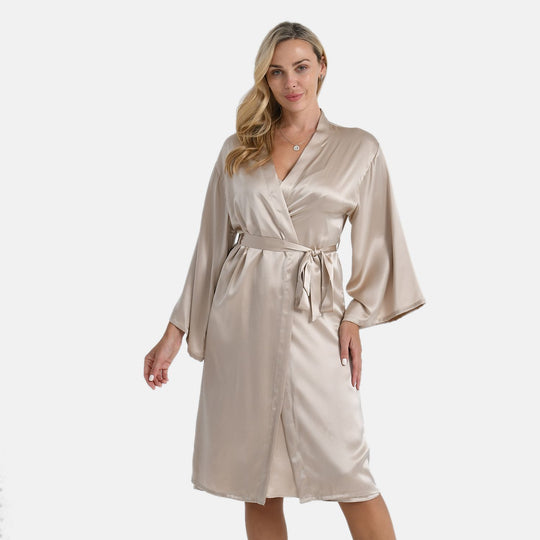 LA MAREY Signature - Kimono lang aus 100% Maulbeerseide, Einheitsgröße, passend für Größe 36-42, Champagner