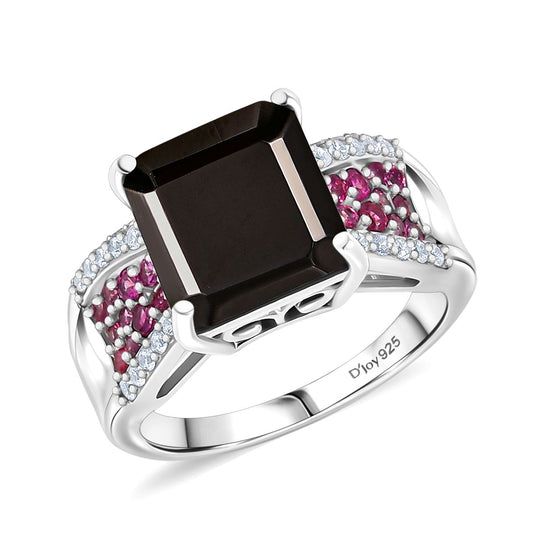 D'Joy Elite Shungit, Natürlicher Rhodolith Granat Ring 925 Silber rhodiniert (Größe 21.00) ca. 3.72 ct