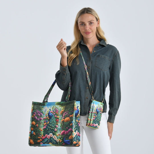 Pfau Muster Design Set, Shopper und Handy Umhängetasche, 40 x 12 x 35 cm, Mehrfarbig