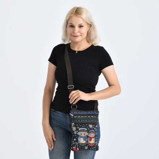 Crossbody-Tasche mit Eulenmotiv, 3 Reißverschlussfächer, verstellbarer Schultergurt (ca. 120 cm), 21x28 cm, Mehrfarbig
