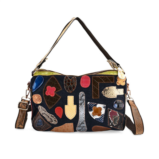 Chaos by Elsie Echtleder Schultertasche mit RFID, künstlerisches Leder Patchwork, 35 x 12 x 22 cm, Blau