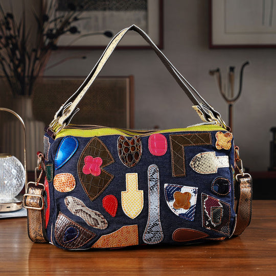 Chaos by Elsie Echtleder Schultertasche mit RFID, künstlerisches Leder Patchwork, 35 x 12 x 22 cm, Blau