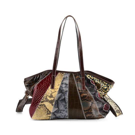 Chaos by Elsie Echtleder Shopper mit RFID, Leopard Patchwork mit Hochglanz Optik, Strahlen Paneel Design, 33 x 13 x 24 cm, Schwarz Braun