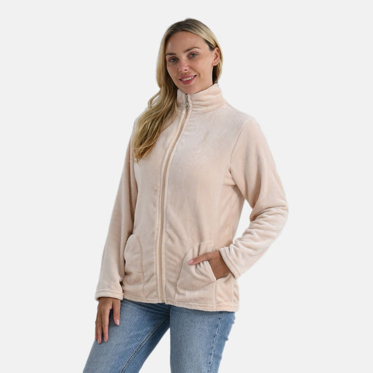 LA MAREY - Velvet Kuschel Jacke mit Reißverschluss und Taschen, Beige, L / XL