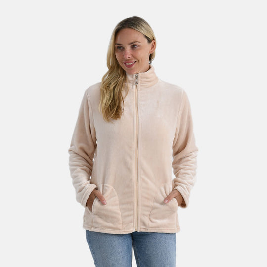 LA MAREY - Velvet Kuschel Jacke mit Reißverschluss und Taschen, Beige, L / XL