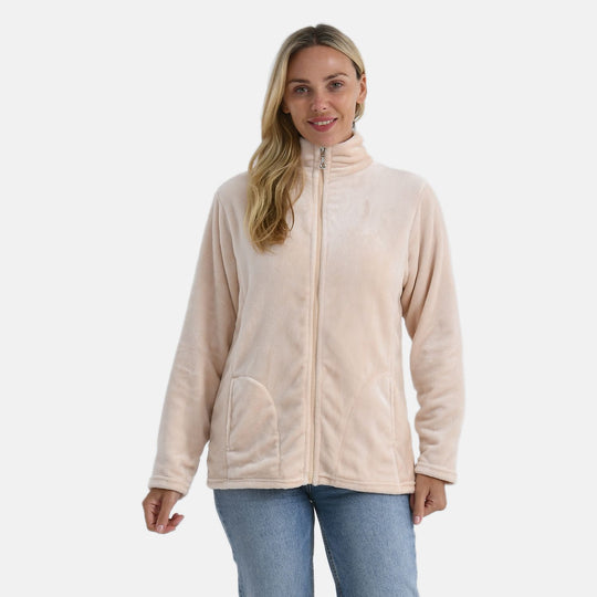 LA MAREY - Velvet Kuschel Jacke mit Reißverschluss und Taschen, Beige, L / XL