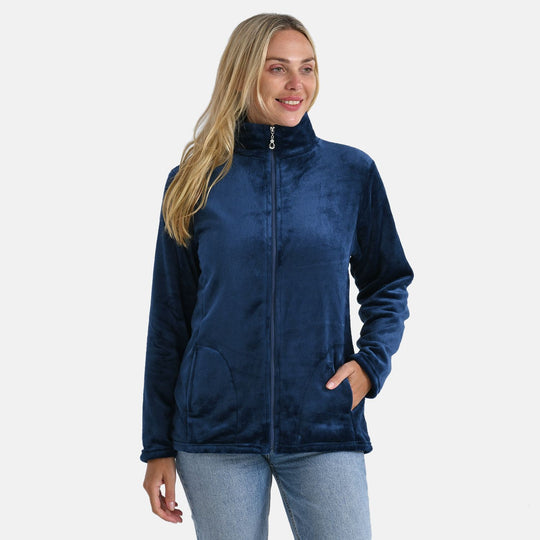 LA MAREY - Velvet Kuschel Jacke mit Reißverschluss und Taschen, Marineblau, L / XL