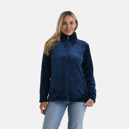 LA MAREY - Velvet Kuschel Jacke mit Reißverschluss und Taschen, Marineblau, L / XL