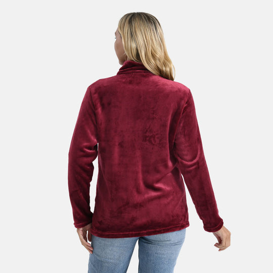 LA MAREY - Velvet Kuschel Jacke mit Reißverschluss und Taschen, Burgunderrot, L / XL