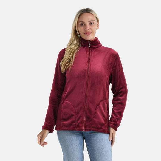 LA MAREY - Velvet Kuschel Jacke mit Reißverschluss und Taschen, Burgunderrot, L / XL