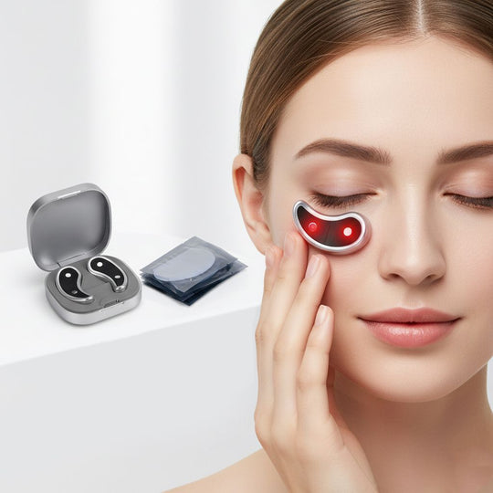 BEAUTECH Rotlicht Augenmassagegerät 620nm mit EMS Mikrostimulation, inkl. 7 Paar Pads, kompakt 7,6x7,6x2,4cm