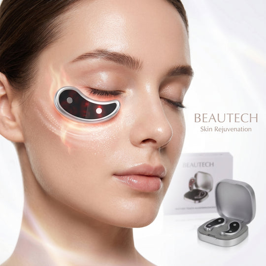 BEAUTECH Rotlicht Augenmassagegerät 620nm mit EMS Mikrostimulation, inkl. 7 Paar Pads, kompakt 7,6x7,6x2,4cm