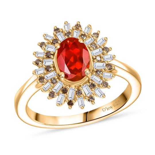 D'Joy AAAA Blaze Feueropal, Weißer Diamant Ring 925 Silber 750 Gelbgold Vermeil ca. 0,85 ct