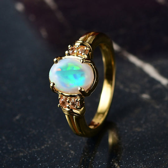 D'Joy AA Natürlicher, äthiopischer Welo Opal, Gelber Saphir Ring 925 Silber vergoldet (Größe 17.00) ca. 1,34 ct