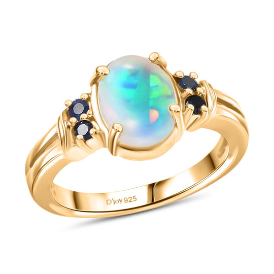D'Joy AA Natürlicher, äthiopischer Welo Opal, Blauer Saphir Ring 925 Silber vergoldet (Größe 17.00) ca. 1,38 ct