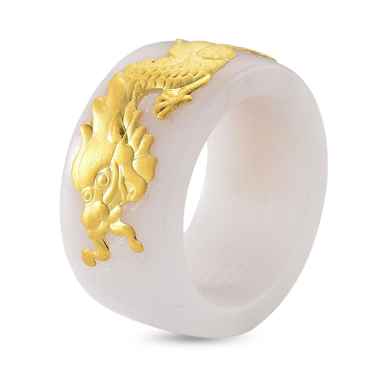 EXTREM SELTEN Natürliche Weiße Jade Drachen Ring 999er Gold (Größe 17.00) ca. 37.00 ct