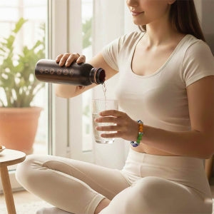 2er-Set - LIVMORE Kupfer-Trinkflasche mit 7-Chakra-Gravur (ca. 900 ml) und Armband mit Chakra-Perlen aus Edelsteinen - Mehrfarbig