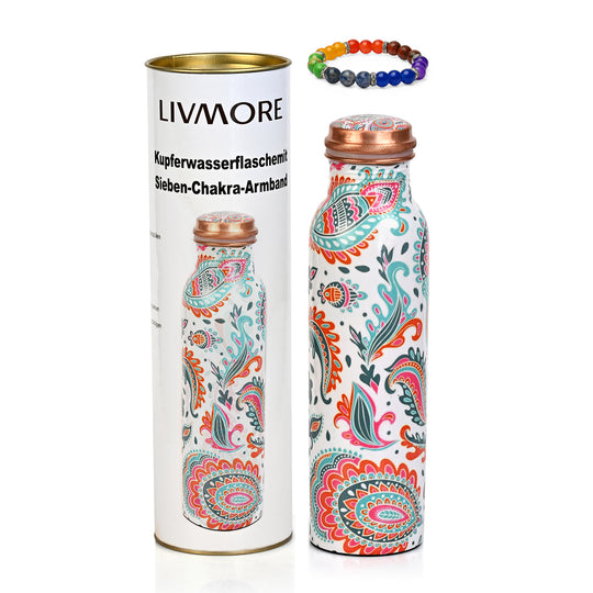 2er-Set - LIVMORE Kupfer-Trinkflasche mit 7-Chakra-Gravur (ca. 900 ml) und Armband mit Chakra-Perlen aus Edelsteinen - Mehrfarbig