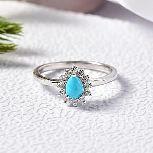 D'Joy Sleeping Beauty Türkis, Weißer Zirkon Ring 925 Silber Rhodiniert (Größe 18.00) ca. 0,62 ct