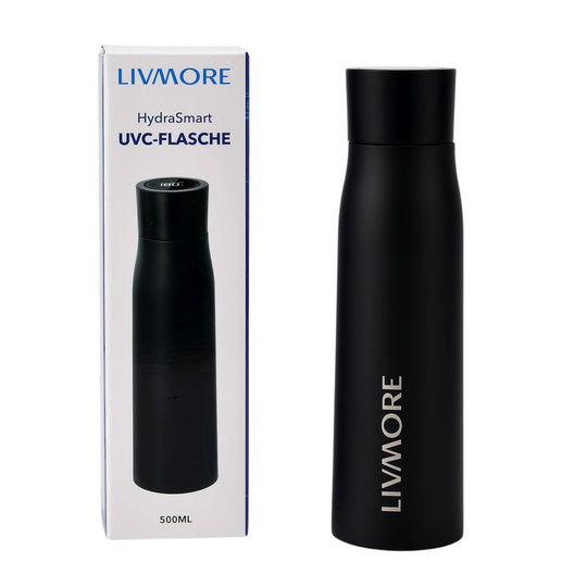 LIVMORE UVC Sterilisations Thermobecher, Edelstahl, LED Temperaturanzeige, Trinkwasser Erinnerungsfunktion, 500 ml, schwarz