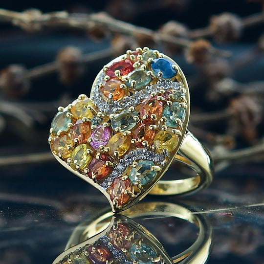 D'Joy AA Mehrfarbig Saphir, Weißer Zirkon Ring 925 Silber 750 Gelbgold Vermeil (Größe 17.00) ca. 5.21 ct
