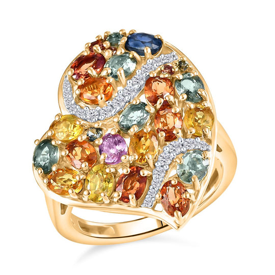 D'Joy AA Mehrfarbig Saphir, Weißer Zirkon Ring 925 Silber 750 Gelbgold Vermeil (Größe 17.00) ca. 5.21 ct