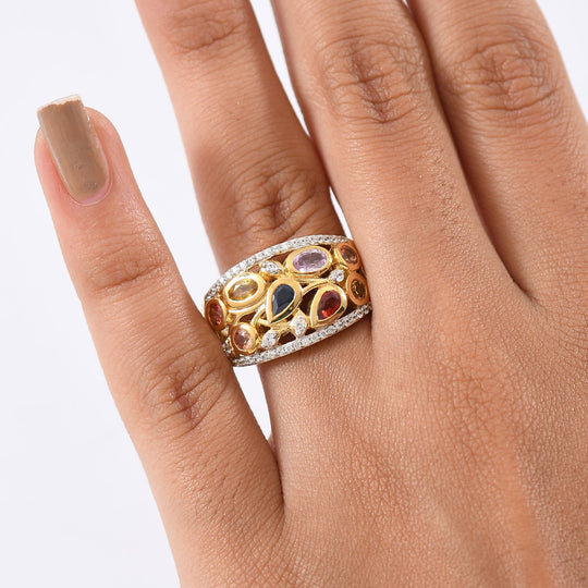 D'Joy AA Mehrfarbiger Saphir, Weißer Zirkon Ring 925 Silber 750 Gelbgold Vermeil (Größe 20.00) ca. 2.17 ct