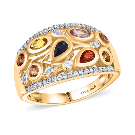 D'Joy AA Mehrfarbiger Saphir, Weißer Zirkon Ring 925 Silber 750 Gelbgold Vermeil (Größe 20.00) ca. 2.17 ct