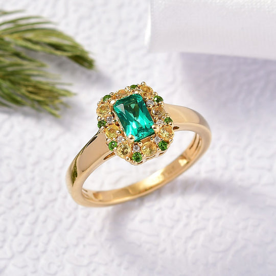 D'joy AAA Lab Created Kolumbianischer Smaragd, Gelber Saphir Ring 925 Silber 750 Gelbgold Vermeil (Größe 21.00) ca. 0.94 ct