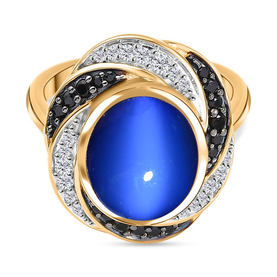 D'Joy Aurora Mondstein, Schwarzer Spinell Ring 925 Silber 750 Gelbgold Vermeil (Größe 18.00) ca. 5,54 ct