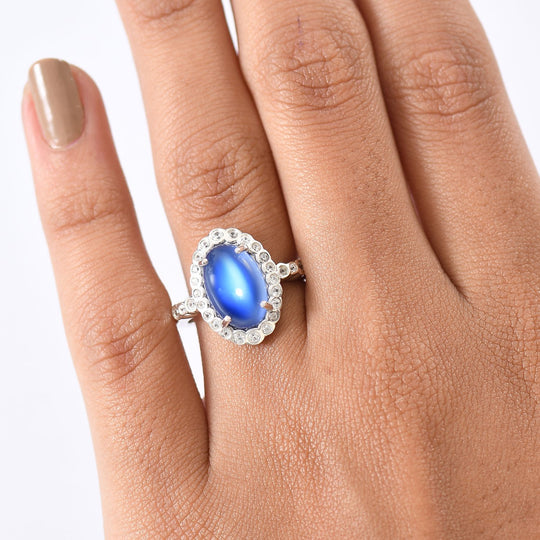 D'Joy Aurora Mondstein, Weißer Zirkon Ring 925 Silber rhodiniert (Größe 20.00) ca. 4,05 ct