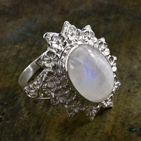 D'Joy Premium Regenbogen Mondstein Ring 925 Silber (Größe 17.00) ca. 6,31 ct