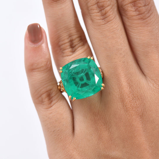 D'Joy Smaragd-Quarz Triplette Ring 925 Silber Rhodiniert und 750 Gelbgold Vermeil (Größe 17.00) ca. 28,98 ct