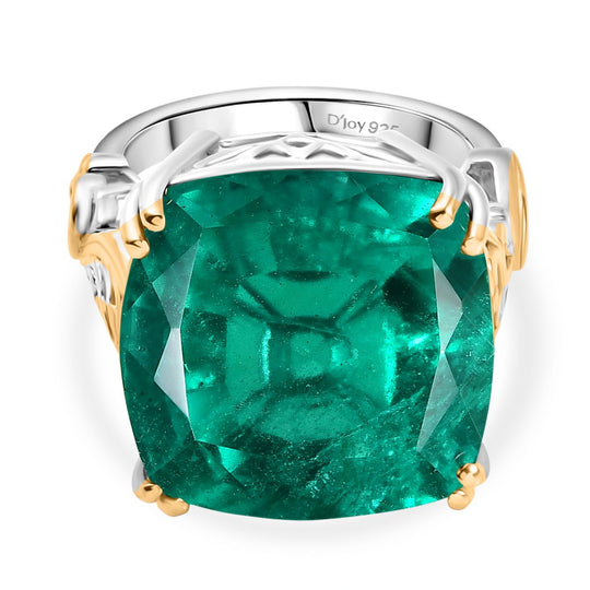D'Joy Smaragd-Quarz Triplette Ring 925 Silber Rhodiniert und 750 Gelbgold Vermeil (Größe 17.00) ca. 28,98 ct