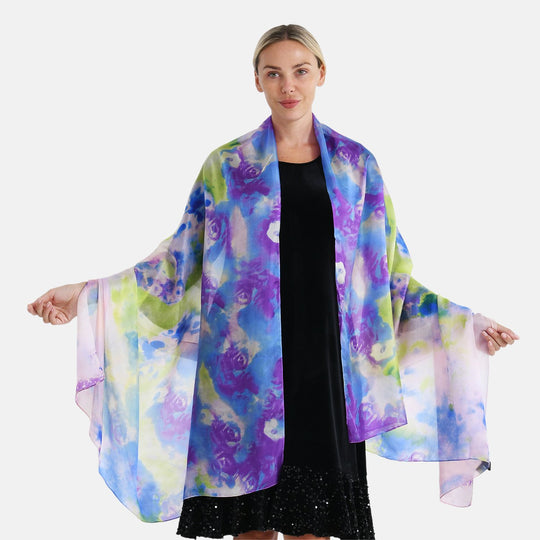 LA MAREY Signature Seidenschal aus 100% Maulbeerseide, 110 x 195 cm, Hellblau Floral