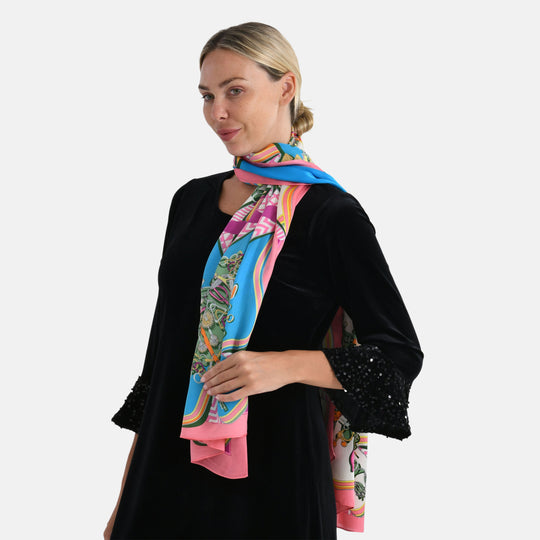 LA MAREY Signature Seidenschal aus 100% Maulbeerseide, 55 x 170 cm, Blau Floral