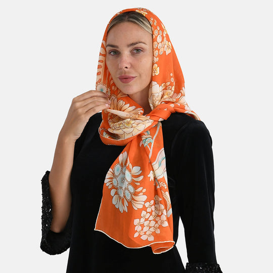 LA MAREY Signature Seidenschal aus 100% Maulbeerseide, 55 x 170 cm, Orange Floral