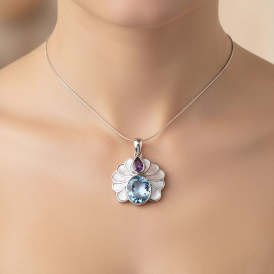 Royal Bali - D'Joy Himmelblauer Topas, Afrikanischer Amethyst Anhänger 925 Silber