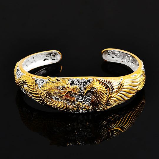 Royal Bali - Drachen und Phoenix Armreif, 925 Silber 916 Gelbgold Vermeil, 23.61g