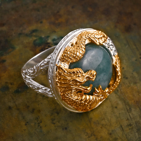 D'Joy Royal Bali EXTREM SELTEN - Natürlicher Olmek Jadeit Ring 925 Silber, 22K Gelbgold Vermeil (916), Bicolor (Größe 18.00) ca. 13.79 ct