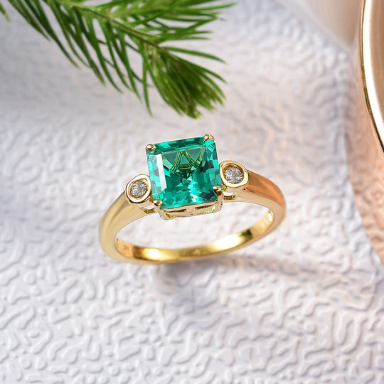 LUXURIANT DIAMOND - AAA Lab Grown Kolumbianischer Smaragd, Lab Grown Diamant Ring 925 Silber 750 Gelbgold Vermeil (Größe 20.00) ca. 1.59 ct