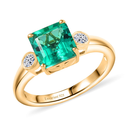 LUXURIANT DIAMOND - AAA Lab Grown Kolumbianischer Smaragd, Lab Grown Diamant Ring 925 Silber 750 Gelbgold Vermeil (Größe 20.00) ca. 1.59 ct
