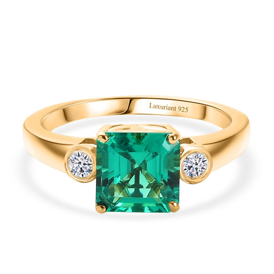 LUXURIANT DIAMOND - AAA Lab Grown Kolumbianischer Smaragd, Lab Grown Diamant Ring 925 Silber 750 Gelbgold Vermeil (Größe 20.00) ca. 1.59 ct