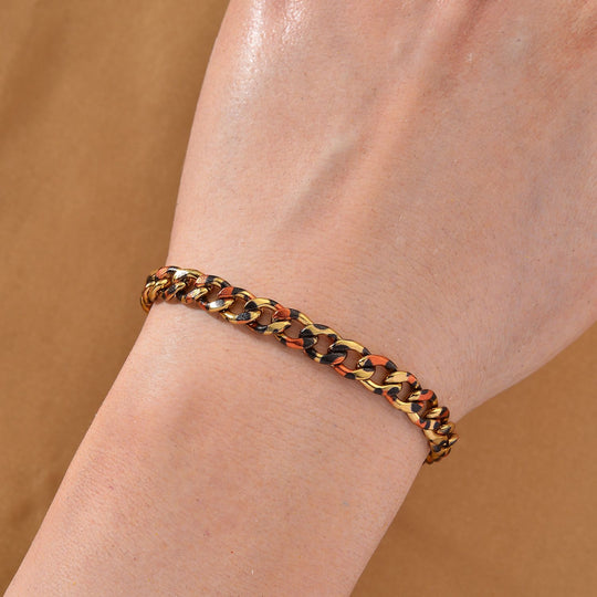 Leoparden-Print Panzer Armband aus 316L Edelstahl mit Goldplattierung, ca. 19 cm + 3.5 cm Extender