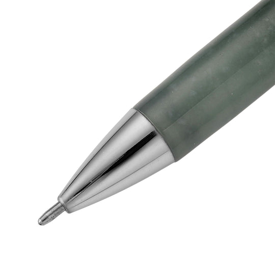 Olmek Jadeit Kugelschreiber mit Weißem Kristall und Messingdetails, 13 cm, Dunkelgrün
