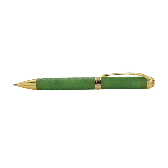 Olmek Jadeit Kugelschreiber mit Weißem Kristall und Messingdetails, 13 cm, Hellgrün