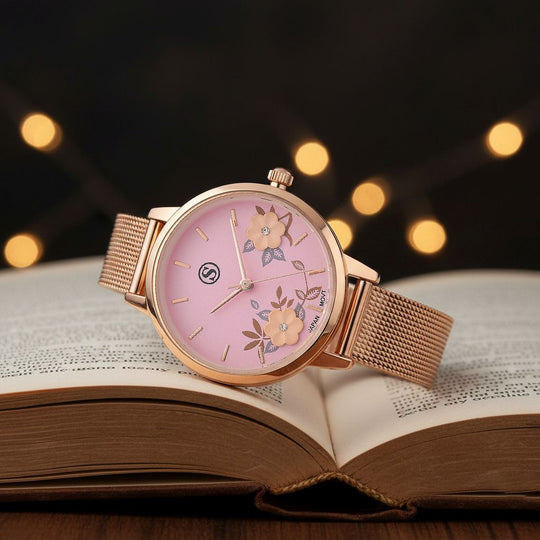 STRADA Uhr mit Japanischem PC21S Werk, Edelstahl-Mesharmband Blau, Gehäuse Roségoldfarben, florales Zifferblatt Weiß mit Weißem Kristall