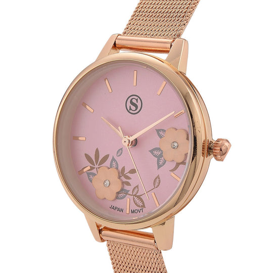 STRADA Uhr mit Japanischem PC21S Werk, Edelstahl-Mesharmband Blau, Gehäuse Roségoldfarben, florales Zifferblatt Weiß mit Weißem Kristall