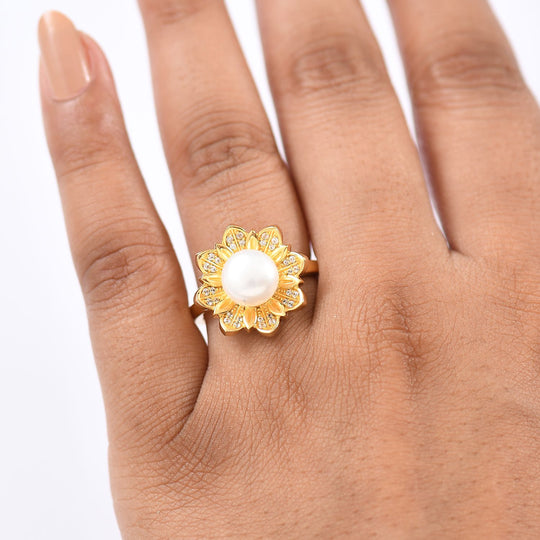 EverTrue Süßwasser Perle (10-10,5mm) und weißer Zirkon Ring, Messing mit Gelbgold E-Beschichtung