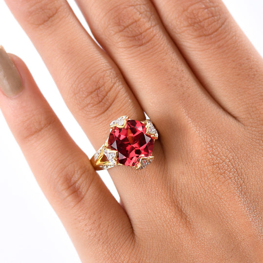D'joy Lab Grown Padparadscha-Saphir, Weißer Zirkon Ring 925 Silber 750 Gelbgold Vermeil (Größe 17.00) ca. 9.59 ct